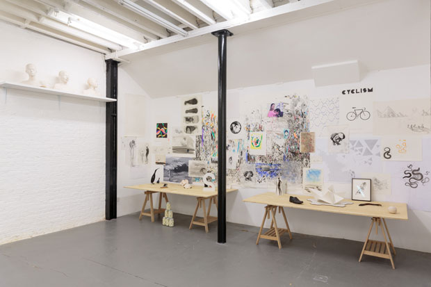 Materials and documents from the artist’s studio on display in 'Study #15. Untitled (The Ninth Resort), Charles Avery' at DRAF, 2017. Courtesy the artist and DRAF. Photo: Tim Bowditch