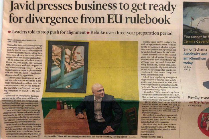 The front page of the Financial Times featuring Tamara de Lempicka's 'Self-Portrait in the Green Bugatti' (top left) and Sajid Javid, the Chancellor of the Exchequer, in Pickles cafe.
