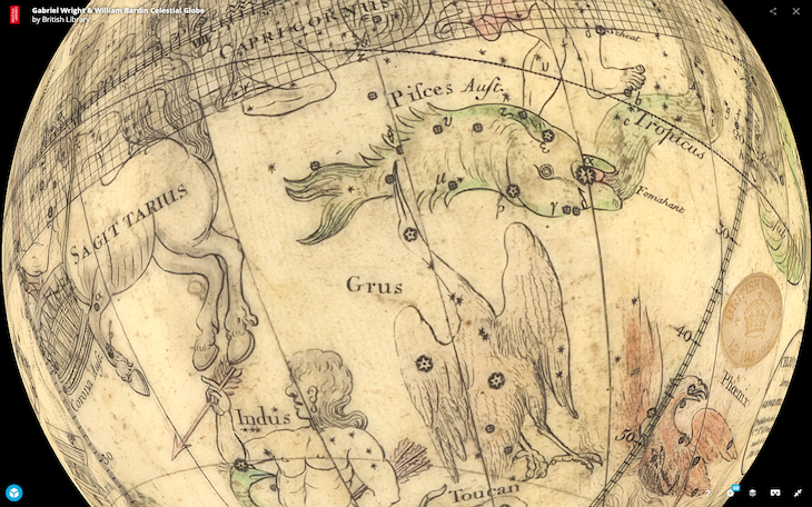 Screenshot showing the digitised version of Gabriel Wright and William Bardin’s celestial globe of 1783.