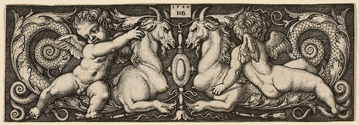 Ornament with Two Genii Riding on Two Chimeras (1544), Hans Sebald Beham.