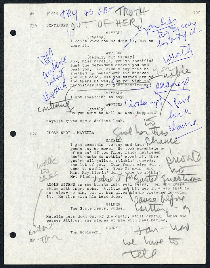 Page from the script for To Kill a Mockingbird (1962), annotated by Gregory Peck.