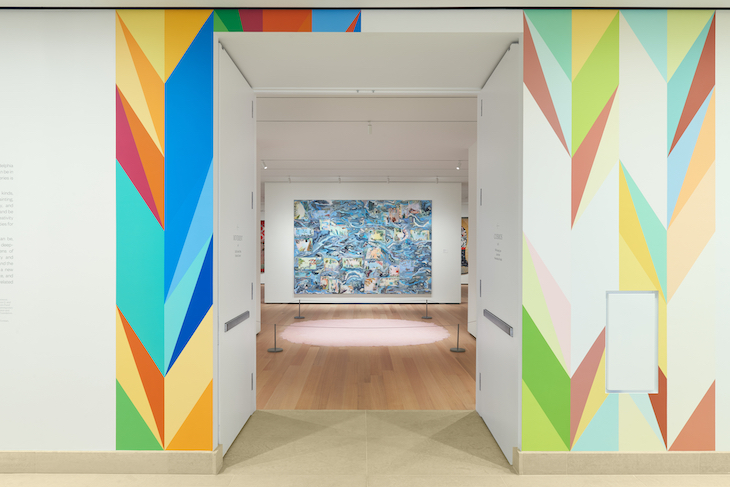Installation view of ‘New Grit: Art & Philly Now’, showing work by Odili Donald Odita and Jane Irish.