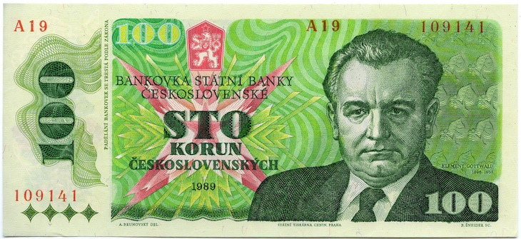 A 100-kroner note, issued in Czechoslovakia on October 1, 1989.