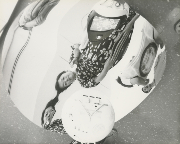 Video Haiku–Hanging Piece (detail with the artist pictured in the reflection; 1971), Shigeko Kubota.