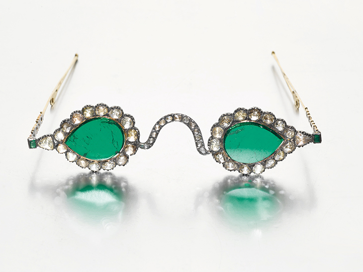 A pair of Mughal spectacles with emerald lenses in diamond-mounted frames (lenses c. 17th century; frames c. 19th century). Sotheby's
