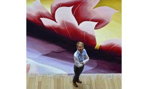 Painter Alison Watt, who was commissioned by the Scottish Opera to design a new tapestry, at the cutting off ceremony in Dovecot Studios.