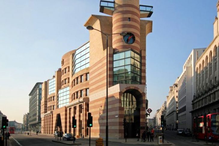 No. 1 Poultry, London, designed by James Stirling Michael Wilford Associates and completed in 1998.