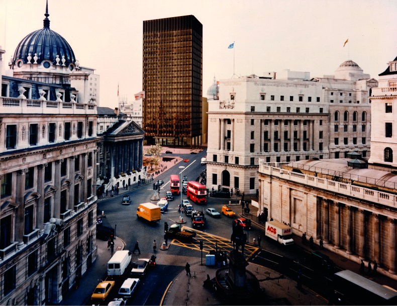 Photomontage imagining how the tower designed by Mies van der Rohe for the Mansion House Square might have looked. Photo: © John Donat/RIBA Collections