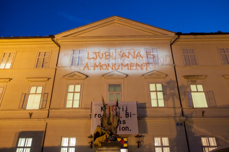 Carlos Monroy performs outside the International Centre of Graphic Arts, Ljubljana