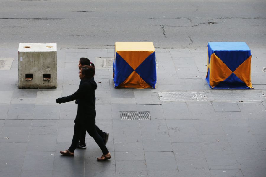 Artwork on concrete blocks acting as bollards on 4 July, 2017 in Melbourne, Australia. Photo: Michael Dodge/Getty Images