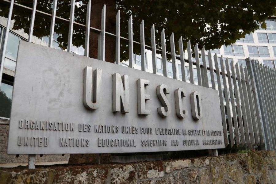 A picture taken on 12 October, 2017 shows the logo of the UNESCO headquarters in Paris. The United States and Israel have both announced their intention to withdraw from the organisation. JACQUES DEMARTHON/AFP/Getty Images