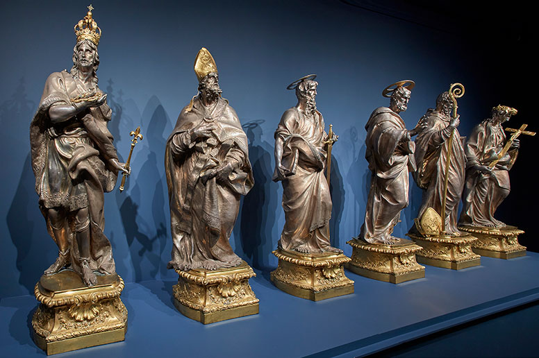 Installation view of ‘Luigi Valadier: Splendor in Eighteenth-Century Rome’ at the Frick Collection, New York, 2018. Pictured are the statues of the six saints from the High Altar of the Cathedral of Santa Maria la Nuova, Monreale, from c. 1773.