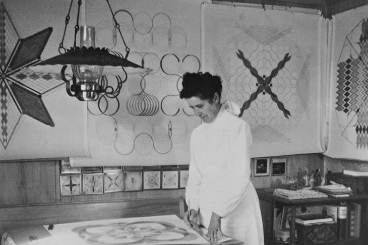 Emma Kunz at her working table, Waldstatt, 1958.