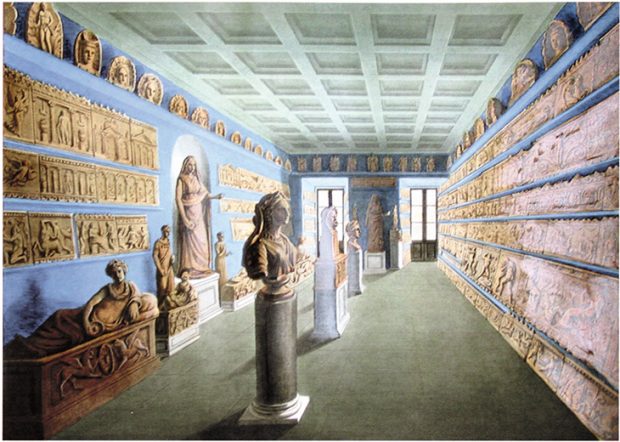 View of the terracotta collection in the Campana museum at the Monte di Pietà in Rome, published in ‘Antiche opera in plastica’ by Giampetro Campana in 1851. Biblioteca Universitaria di Napoli. © Biblioteca Universitaria di Napoli/Ministero dei Beni et delle Attività Culturali e del Turismo