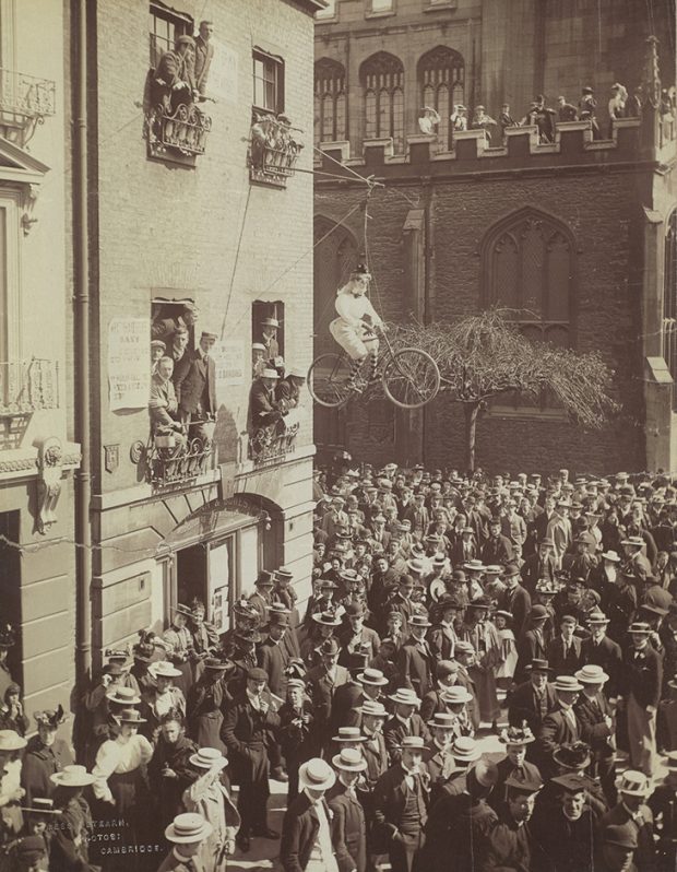 The campaign for women to be awarded full degrees in 1897: an effigy of a female undergraduate hangs from the first floor of what is now Cambridge University Press’s book shop. Cambridge University Library; reproduced by kind permission of the syndics of Cambridge