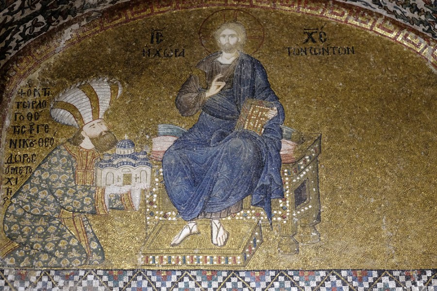 Mosaic of the Enthroned Christ and the Donor, Theodore Metochites above the entrance to the naos of the Kariye (Chora) Museum, Istanbul.