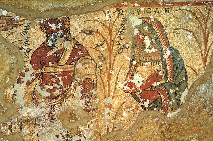 Nekyia scene (detail of the ghosts of Agamemnon and Tiresias), 325–300 BC, Tomb of Orcus II, Tarquinia.