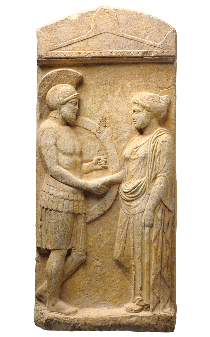 Grave stele of Philoxenos with his wife Philoumene (c. 400 BC), Athens. Photo: J. Paul Getty Museum, Villa Collection, Malibu, California.