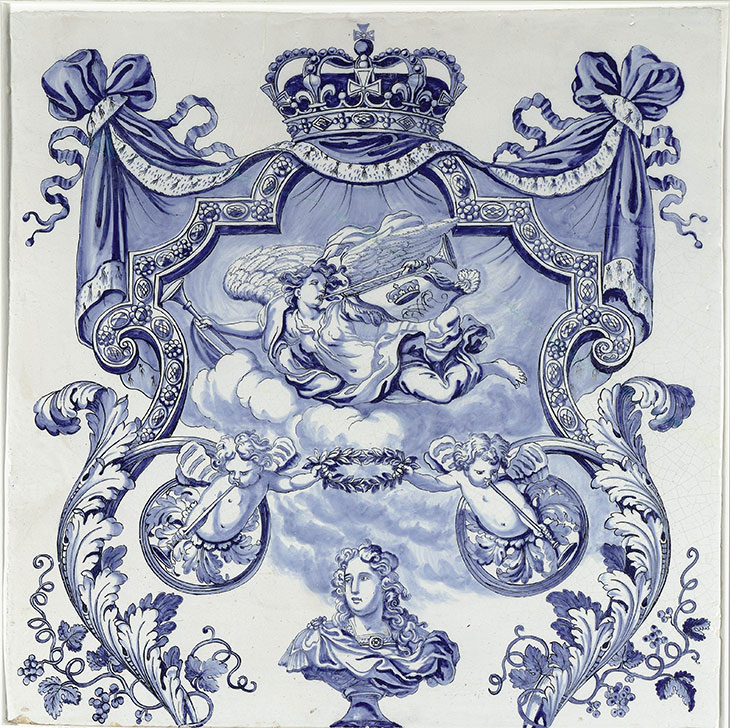 Wall plaque from the Water Gallery of Queen Mary II Stuart at Hampton Court Palace (c. 1690), Delft. Rijksmuseum, on loan from the Koninklijk Oudheidkundig Genootschap