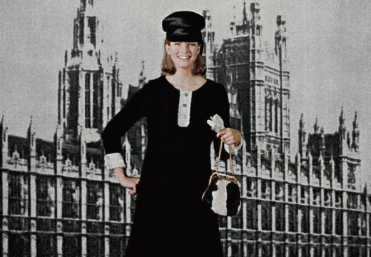 Model wearing Mary Quant’s Pattern No. 3288, set against the Houses of Parliament (1964), John Walcott