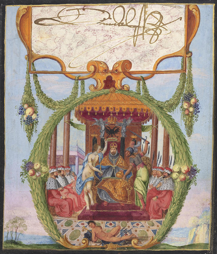 Page from the Album Amicorum (17th-century) of Philipp Hainhofer, bearing an inscription by Detail of an inscription by Rudolf II, Holy Roman Emperor.