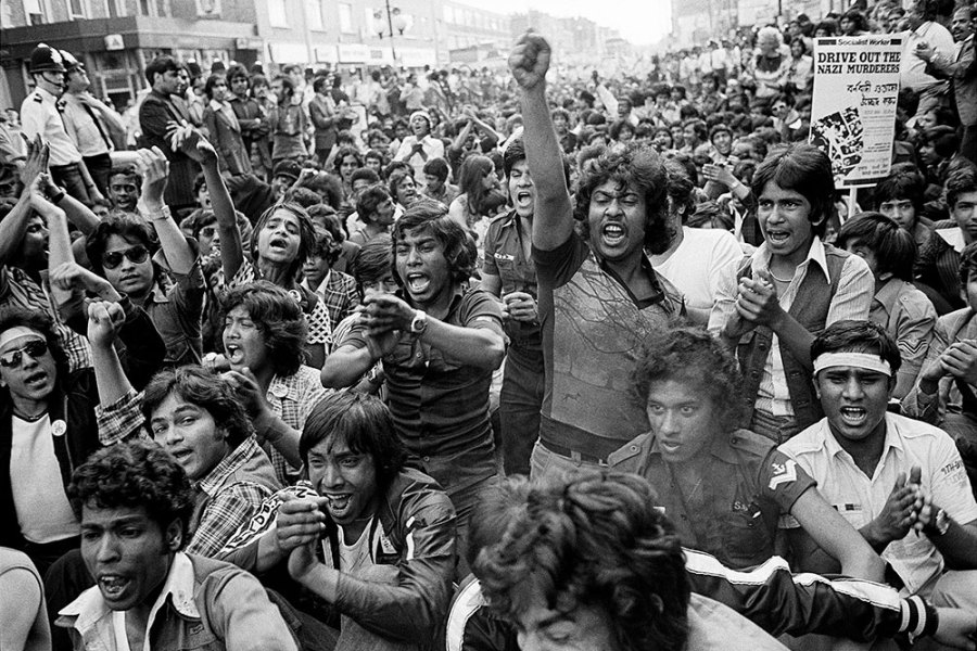 Anti-racism sit-down protest, Bethnal Green, London, 1978.