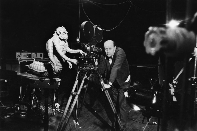 Ray Harryhausen on set with a model of the Kraken from Clash of the Titans (c. 1980).