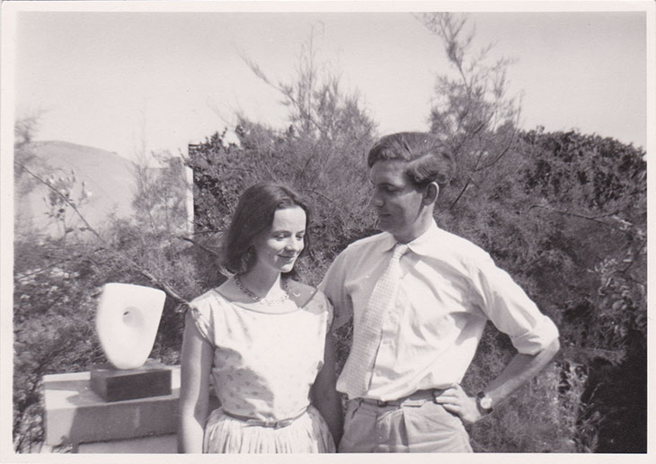 Alan Bowness with Sarah Hepworth-Nicholson in Barbara Hepworth's garden, Trewyn Studio, St Ives (c. 1958)