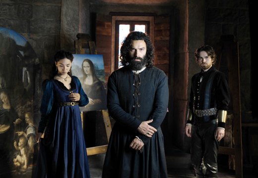 Leonardo, leading man: Adrian Turner as Leonardo da Vinci (centre), with Matilda De Angelis as Caterina da Cremona (left) and Freddie Highmore as Stefano Giraldi (right)