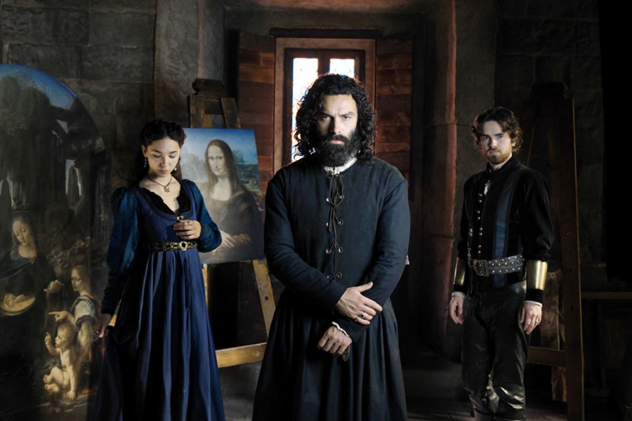 Leonardo, leading man: Adrian Turner as Leonardo da Vinci (centre), with Matilda De Angelis as Caterina da Cremona (left) and Freddie Highmore as Stefano Giraldi (right)