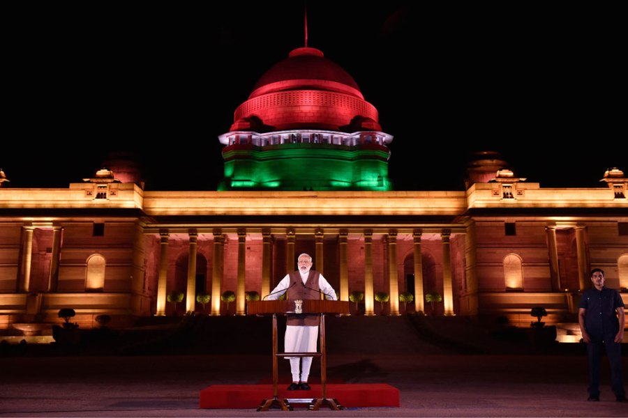 Narendra Modi speaking outside the Rashtrapati Bhawan in New Delhi, in May 2019.