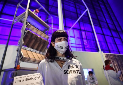 Activists from Extinction Rebellion chained to an exhibit at the Science Museum’s 'Our Future Planet' exhibition, sponsored by Shell, in May 2021.