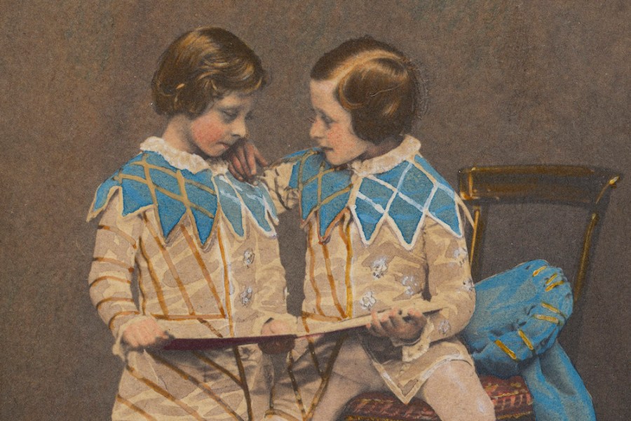 Hand-coloured photograph of Prince Arthur and Prince Leopold in the costume of the sons of King Henry IV (detail; 1857), commissioned by Queen Victoria and Prince Albert (photo taken by Leonida Caldesi).