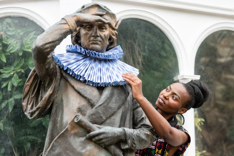 The statue of Christopher Columbus outside Sefton Park Palm House, redressed by the fashion designer Taya Hughes.