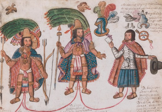 Detail of a facsimile of a 1791 genealogy of the House of Moctezuma, held in the Archivo General de la Nación in Mexico City. Facsimile (2021) by Tlaoli Ramírez Téllez. Courtesy the artist and LACMA; © Tlaoli Ramírez Téllez