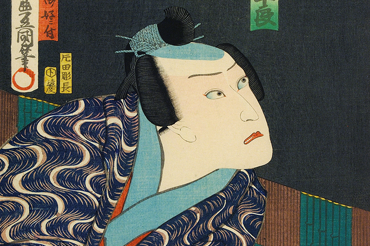 Half-length portrait of kabuki actor Kawarazaki Gonjuro as Ono no Yorikaze (detail; 1863), Utagawa Kunisada. Photo: © Trustees of the British Museum