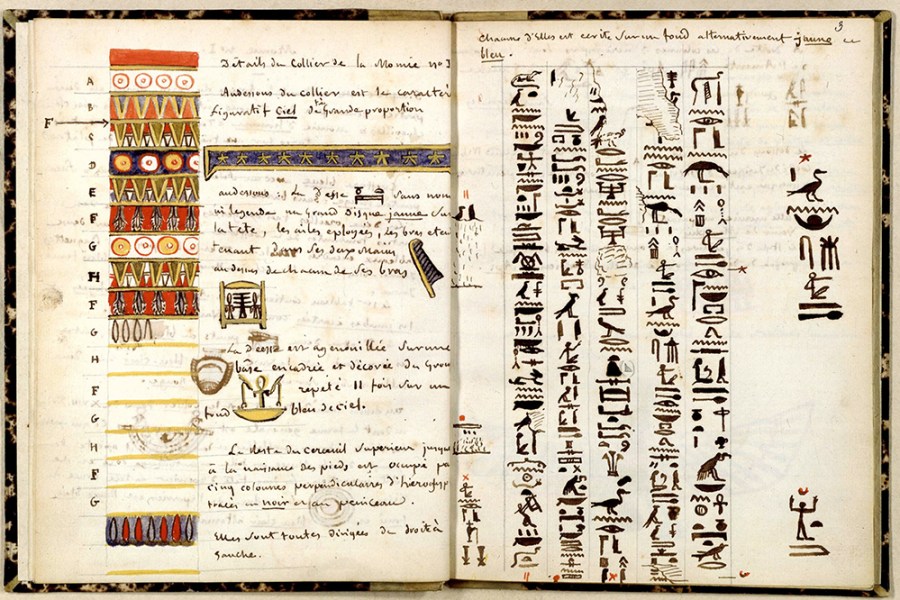 Jean-François Champollion's handwritten notebook with copies of the inscription of mummies (c. 1824–26). Courtesy: Museum of Turin. Photo: © BnF, Paris.