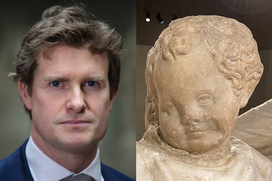 Tristram Hunt, director of the Victoria and Albert Museum (left); stone figure of Eros from the 3rd century BC Sidmara sarcophagus (right).