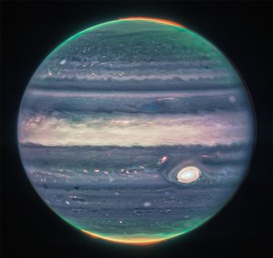 A composite image of Jupiter taken by the James Webb Space Telescope's Near-Infrared Camera (NIRCam).